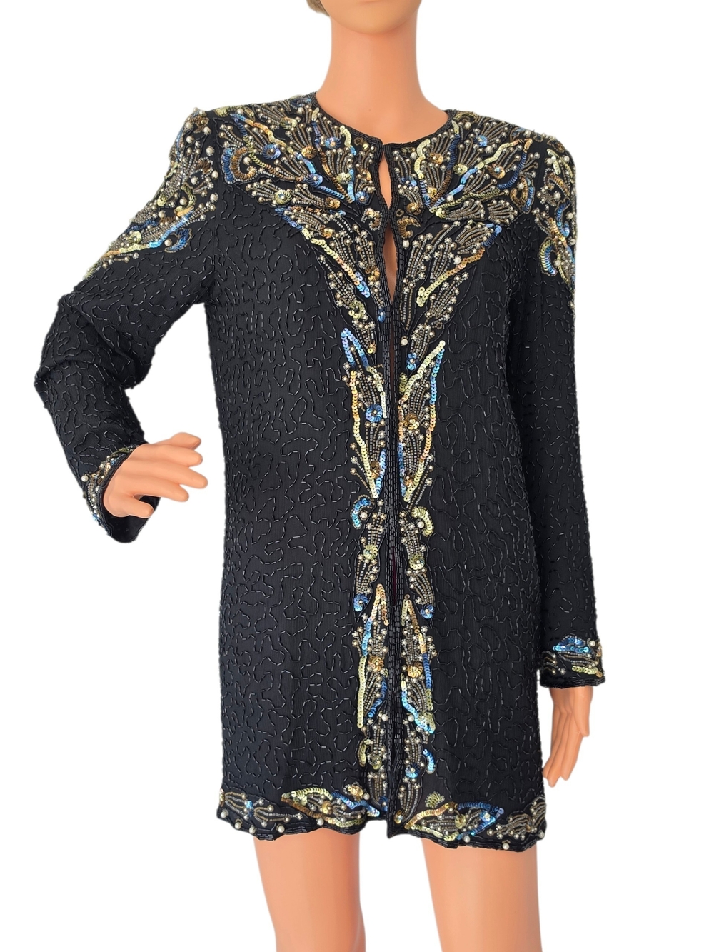 Vintage Carina 100% Silk Beaded Sequin Jacket Black Evening Statement Coat S/M